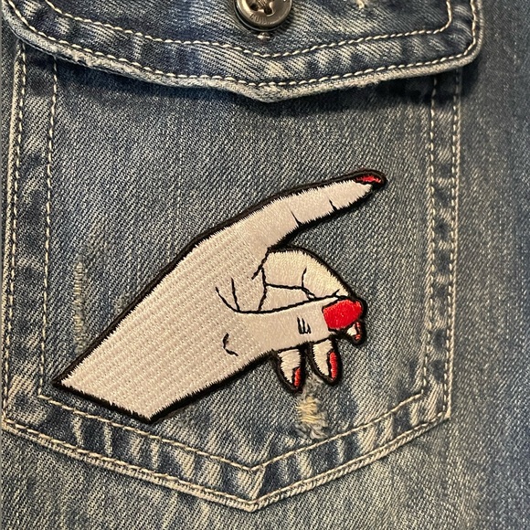 Upcycled Two-Tone Denim Shirt Jacket with Patches - Picture 2 of 5